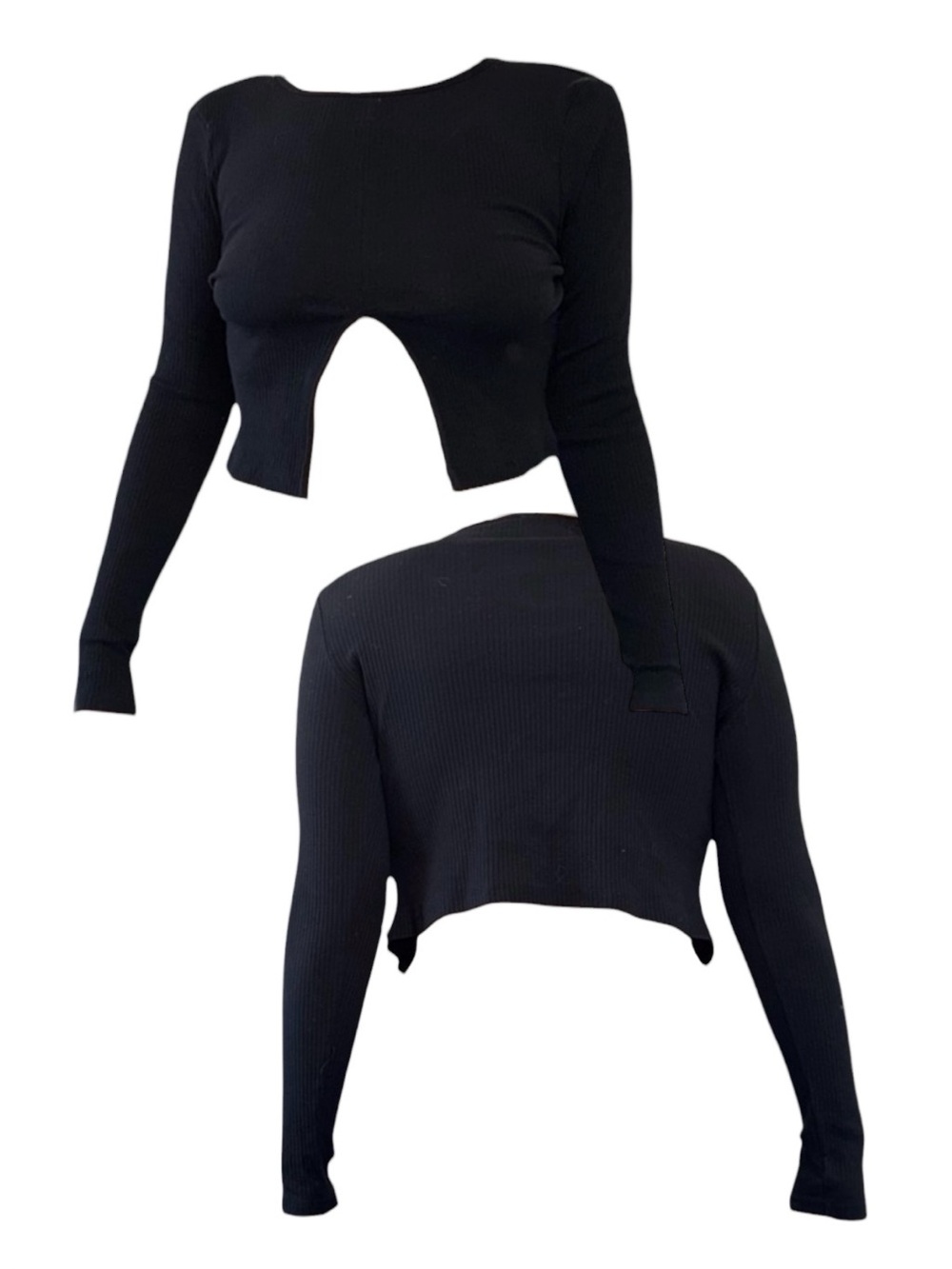 ASOS Black Ribbed Long-Sleeve Curved-Slit Crop Top